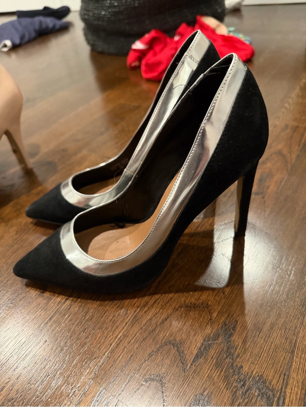 Ava & Aiden Black Suede Pointed-Toe Pumps with Silver Trim